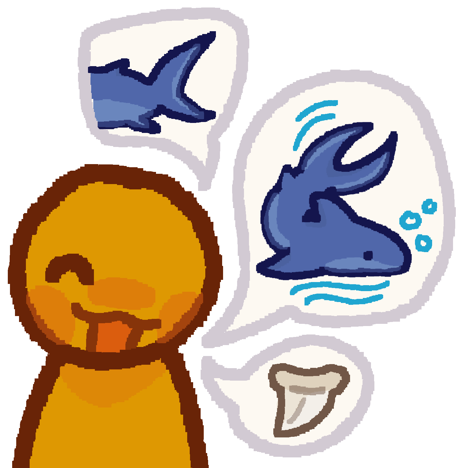 A yellow person with a happy expression on their face and three speech bubbles coming from them. Inside the speech bubble from top to bottom is a shark tail, a shark swimming, and a slightly curved shark tooth.